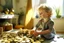 Placeholder: a curly-haired blond boy counts money and stacks gold coins in a modern nursery, in sunshine