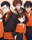 Placeholder: Anime manga style, Black boy with dark brown curly hair, wearing red and orange clothes and black jeans, always with one hand in his pocket, looking a little irritated