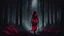 Placeholder: woman seen from behind, walking into a dark forest, with a dagger in hand, black and red image, night