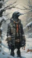 Placeholder: A painting by Miyazaki and Monet of a human-like crow adorned in a punk leather jacket within a snowy Christmas atmosphere.