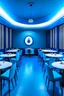 Placeholder: A restaurant with blue walls, a white floor, and an oval-shaped table in the middle of the restaurant with 30 chairs