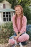 Placeholder: Sherrie Sue Engellant, a stacked, ((well-endowed:1.5)) 18-year-old girl with Long, auburn red-brown hair cornrow style, sea-green eyes, sitting in her front yard wearing a pink, knit, turtleneck sweater, blue jeans, black converse sneakers, a sly, clever grin on her face, (plump, full, pouty lips) ,