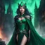 Placeholder: decadent intrigue and raw power. eyes flashing with emerald malice and seductive intent, gestures subtly, crowned in celestial iron, she stands with a determined expression, her gaze is distant, a distant, decaying city built upon a misty plateau, the stars that no longer speak, the crimson witch’s domain! a tangible sense of magical vengeance lurking beneath the surface.