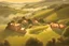 Placeholder: Drone view: in the style of Norman Rockwell, Caravaggio, and Steve Hanks, create a highly detailed evocative lush digital landscape featuring rolling foggy hills highlight light, shadows, and textures for added atmospheric effects.,