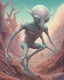 Placeholder: an ethereal and pastel alien creature, with shifting limbs and slender composition, is climbing through a strange wild landscape , highly polished, chrome airbrush style, dreamlike composition, color penciling color palette, surrealistic retro-futurism, rotoscoping, psychedelic aesthetic, metaphysical, highly detailed, arthur lismet, artstation, 1960s psychedelic drawing with art nouveau motifs, munch, vibrant, extra terrestrials art, vintage