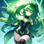 Placeholder: girl, masterpiece, best quality, volumetric lighting, detailed outfit, perfect eyes, long hair, green hair, green eyes, beautiful lighting, vibrant colors, smiling, thigh highs, ponytail, messy hair,