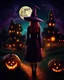 Placeholder: halloween style spooky witch in the front in a magical glowing village with a bright glowing moon in the background, halloween pumpkins in the front , vibrant crisp colors high resolution, fantasy style