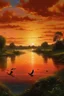 Placeholder: En una panorámica con un estilo de realismo. El rio Paraná al atardecer, El sol se pone en el horizonte, iluminando el cielo con una paleta de colores vibrantes rojo, naranja y amarillo. Las nubes se tiñen de estos colores. El cielo se refleja en el agua. Los peces saltan fuera del agua, patos, gansos y garzas en sus orillas. Sobre el barranco de sus playas, la vegetación de las costas asoman entre los pastizales los arboles de pinos, eucaliptos y sauces. Un pescador en su piragua