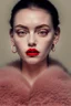 Placeholder: Minimalistic portrait of a beautiful and sensual woman with red lips and cold big eyes wearing earrings, a light pink fur coat in a haute couture style isolated on a dark background, cinematic lighting, ultra-realistic, shot in the style of hasselblad x2d + pishington e skinner + peter coulson, minimalism --ar 5164