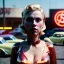 Placeholder: Ultra Realistic retro sci-fi afire Supermarket parking scene, 1960 year, blonde woman, sweet scarlet Johansson face, perfect iris, glow eyes, face makeup, tight latex coat; many panic people looking, Retro sci-fi style, soft color, highly detailed, unreal engine 5, ray tracing, RTX, lumen lighting, ultra detail, volumetric lighting, 3d, finely drawn, high definition, high resolution.