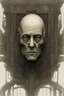Placeholder: The face of and old men king, a thin line draw ، front view camera, decayed and rotting with grotesque proportions and imagery. surreal horror, biomechanical design, by hr giger and beksinski , fine lines draw