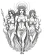 Placeholder: The Fates (Clotho, Lachesis, and Atropos).. realistis tatto sketch style, white background, profesional tatto sketch