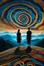 Placeholder: two girls standing on a mountain. The sky is full of spirals