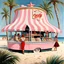 Placeholder: 1950s cute Candy Shop on the beach, pink striped awning, palm trees. beautiful white sand, beautiful people, symmetrical face, perfect face by Norman Rockwell and Boris Vallejo