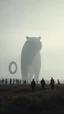 Placeholder: A field of random people at the end of the picture gray background an giant shadow tiger standing object in a cinematic, 8k