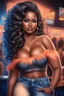 Placeholder: create an airbrush illustration of a curvy black female wearing Tight blue jeans and a peach off the shoulder blouse. Prominent make up with long lashes and hazel eyes. She is wearing brown feather earrings. Highly detailed long black shiny wavy hair that's flowing to the side. Background of a night club.