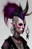 Placeholder: As tiefling teenage girl, she has lots of jewelry and the horns of a ram and also the horns of a gazelle, she has a mohawk and is punk, goth, covered in tattoos