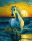 Placeholder: a white horse in sea, sunset, Van Gogh