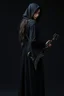 Placeholder: pretty goth girl(dressed in black flowing robes) facing viewer, playing scythe styled guitar, leaning back, dark background, photo realism