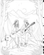 Placeholder: Coloring page: Enchanting scene Young man playing acoustic guitar beside a campfire, woman gently caresses a wolf in a snowy setting,