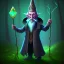 Placeholder: old evil Wizard standing in a dark magical forest at night, holding a staff with a gem in, Devil, Evil