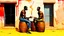 Placeholder: minimalist acrylic impasto painting of two skinny tall black Somali neighbors sitting on rusty oil barrels drinking steaming coffee, wide angle, dusty heat, tribal vibe, amazing verticals, great parallels, warm shades of yellow, orange, green and black with sparse deep red leaks, afrofuturism, rusty village decay, arafed doors