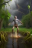 Placeholder: A young man with arms and legs made of fruit trees floats above a swamp casting lightning bolts