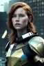 Placeholder: ultrarealistic, ruined city,__scifi armor__, __angles__, 18 year old woman, strikingly beautiful, ginger hair, _colour_, [__starlets__|__starlets__], (pale __skincolor__ skin:1.2), __camera__, _hair_, detailed face and eyes, medium breasts, leather choker, freckles, dynamic pose, resolved expression, __accessory__, strappy outfit, (straps:1.1), sword in scabard on left hip, (buckles, buttons, snaps, rings:1.0), haltertop style breastplate, detailed eyes, plump lips, sci-fi theme