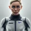 Placeholder: Miley Cyrus, star wars uniform, gray uniform, movie poster, heroic gaze, hair bun, wide angle lens, full torso, intricate, detailed, hand-painted, realistic, perspective from below