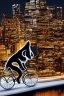 Placeholder: A pedaling cat riding a bicycle is flying at night over tall buildings.