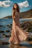 Placeholder: young lady wearing beautiful maxi dress standing in beach posing to camera ,ships in sea ,blue sky nice clouds