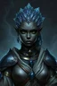 Placeholder: Please generate a female earth genasi cleric in the tempest domain for D&D. She should have dark-colored skin with glittering sparkles like gem dust. She should have lines marking her skin like cracks, showing glimmering gem-like veins. Her hair should appear carved of crystal. She should be in her mid-40s and fully-clothed in cleric robes and heavy armor. She is also a former sheep farmer.