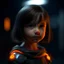 Placeholder: little girl, bob hair cut, unreal engine, professional movie light, beautiful, whole body, grey blurred background, orange rim light, half portrait, cute, black hair, futuristic clothes