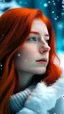 Placeholder: beautiful girl with red hair dreaming of a love world with a snow