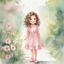 Placeholder: watercolor, full body, cute smile girl, curly hair, big eyes, long brown hair, pink dress, pink shoes, white backgrownd