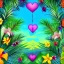 Placeholder:  Tropical flowers, heart drawing, crystals, tropical leaves, Fantasy temple, Surreal landscape.