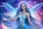 Placeholder: A beauty Fairy women with long blue straight hair. She has Crystal wings and sweety elegant smile.She Is a magic sacred dancer in cosmica ceremony..the background Is a magic coloured bright galaxy, with a stars. She Is so fine gentle and with grace