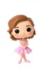 Placeholder: Funko figure of a very young female, smiling, medium wavy light brown hair, wearing a ballerina dress, pink dress, ballet, very cute, ballet pose,. typography, 3D render. White background