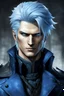 Placeholder: a portrait of vergil from devil may cry, with blue eyes, blue hair and wearing a blue trench coat