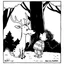 Placeholder: Gary Larson illustration of a quirky deer talking to a fat kid, cartoon cell, black and white