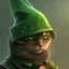 Placeholder: Black warrior cat character, wearing green clothes and green hat, similar to Link from Legend Of Zelda, standing on the edge of a steep cliff, heroic, atmospheric