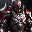Placeholder: silver and crimson spartan armor with glowing red eyes, and a ghostly red flowing cape, crimson trim flows throughout the armor, the helmet is fully covering the face, black and red spikes erupt from the shoulder pads, crimson hair coming out the helmet, spikes erupting from the shoulder pads and gauntlets