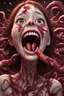 Placeholder: Woman with rare eyes,smiling meanwhile many worms streaming from his mouth, face distorted with pain, screaming, tears streaming, siting pose, fullbody, Junji Ito style, darkred tones,high detailed, 4k resolution, digital paiting, cute, art, no background 3d pixar disney the cinematic FKAA, TXAA, and RTX graphics technology employed for stunning detail.