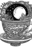 Placeholder: Outline art for coloring page, TEACUP SET WITH CLEAR MOON IN THE BACKGROUND, coloring page, white background, Sketch style, only use outline, clean line art, white background, no shadows, no shading, no color, clear