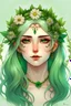 Placeholder: beautiful elven women with green eyes, green hair, and a flower crown