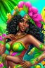 Placeholder: Create a digital airbrush cartoon of a curvy African American female wearing Brazilian carnaval outfit outfit that's pink, green and white. Prominent make up with hazel eyes. Highly detailed very long extremely curly black hair. Her skin is smooth and silky. Background of a judge full of colorful flowers