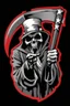 Placeholder: Grim-Reaper gripping scythe and pointing like uncle sam, vignette, black and white vector with a red outline, and black background, biker style