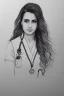 Placeholder: Pencil sketch of Young woman , nurse , Arab features,sad, long wavy hair, full body، on lined paper