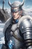 Placeholder: in anime style,1older man, a older man with blue eyes and black hair man in silver Viking armor with fur around the neck with blue crystal on necklace standing in the water holding an axe in his hands standing outside a city on an artic tundra, warrior in anime style,