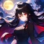 Placeholder: girl, masterpiece, best quality, volumetric lighting, dynamic pose, detailed outfit, perfect eyes, black hair, red eyes, messy hair, long hair, moon,